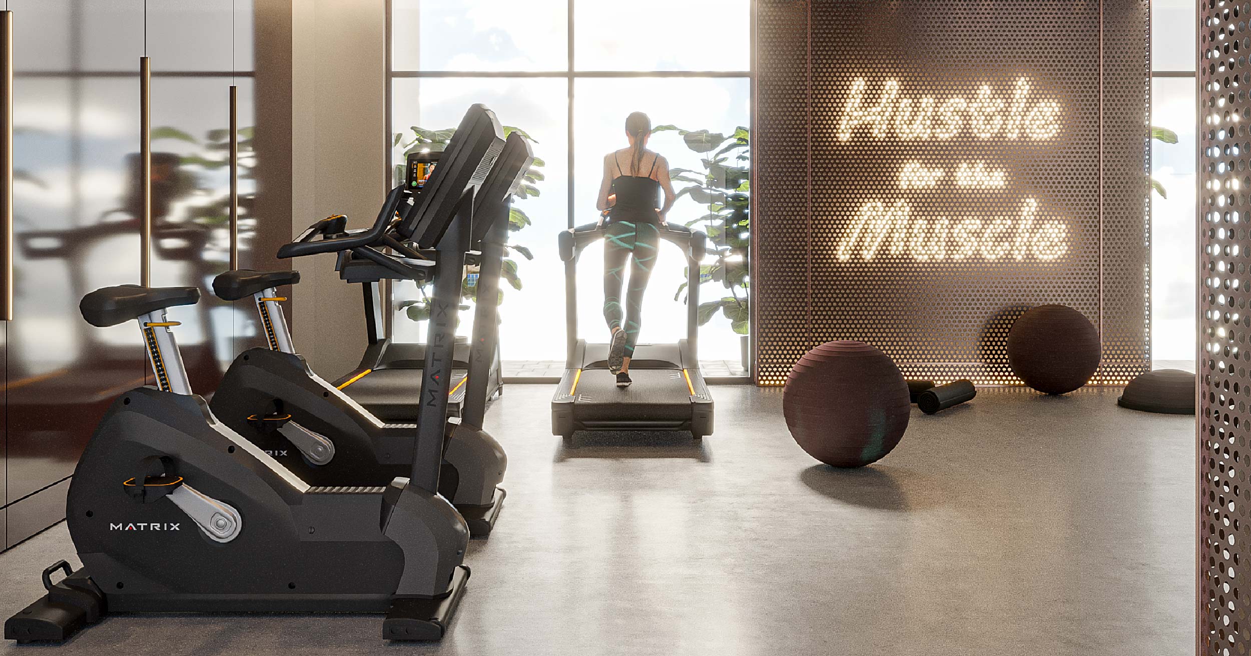 Hyde Walk By Imtiaz A modern gym scene featuring exercise equipment, a person on a treadmill, plants, and a motivational sign.